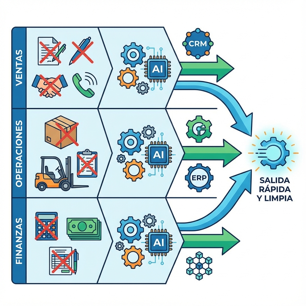 Diagrama de flujo visual que muestra tres carriles horizontales (Ventas, Operaciones, Finanzas). En cada carril, iconos representan tareas manuales siendo sustituidas por engranajes digitales y chips de IA, resultando en un flujo de salida limpio y rápido.