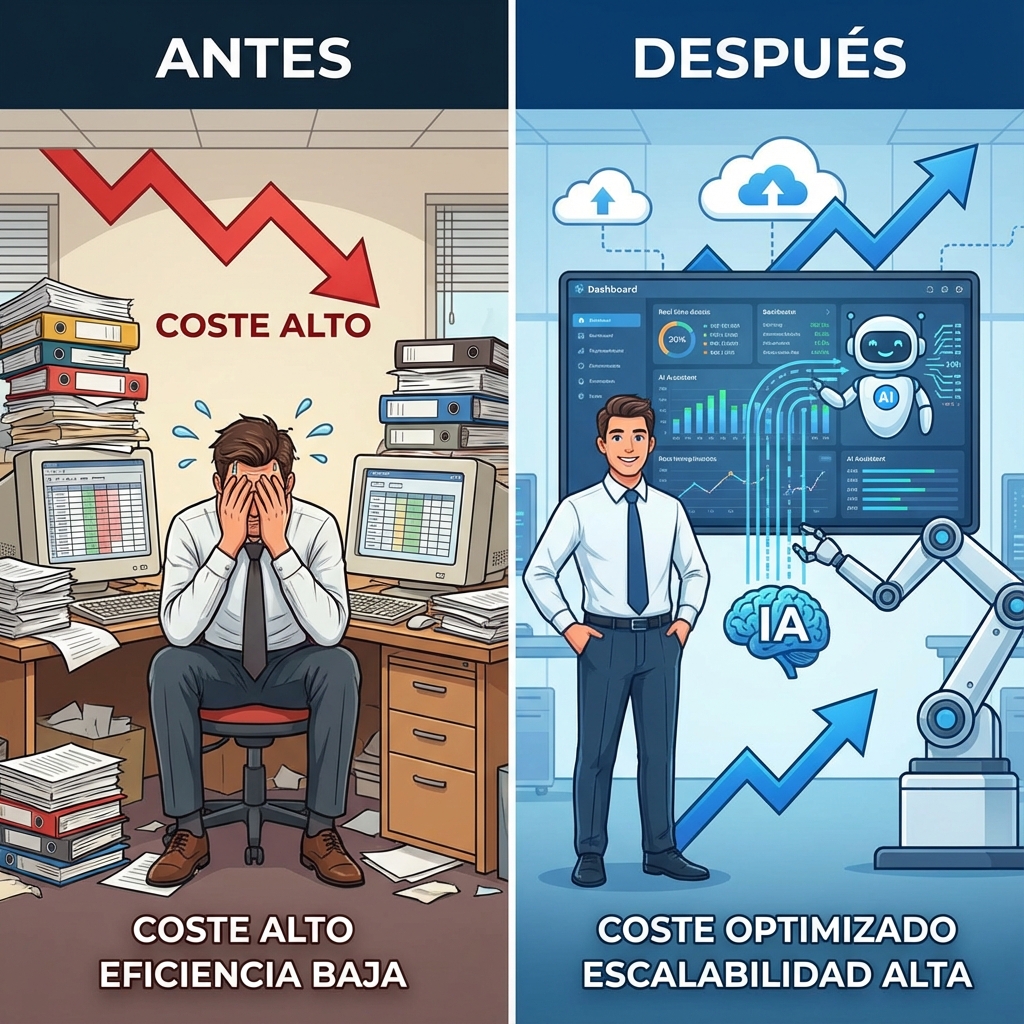 Infografía comparativa tipo "Antes y Después". A la izquierda, un empleado agobiado por papeles y hojas de cálculo (Coste Alto, Eficiencia Baja). A la derecha, el mismo empleado supervisando un panel de control digital mientras la IA procesa los datos (Coste Optimizado, Escalabilidad Alta).