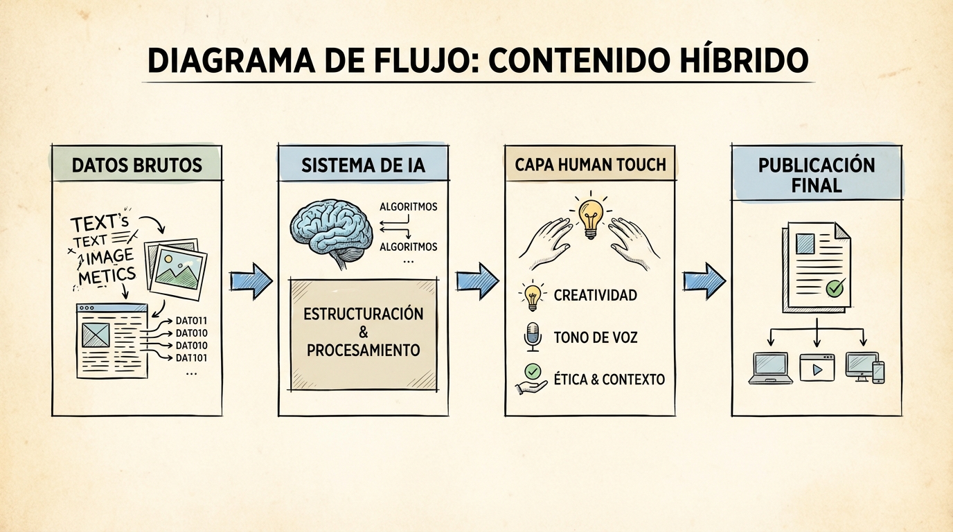 Diagrama de flujo de "Contenido Híbrido". Muestra datos brutos entrando en un sistema, siendo procesados por IA para estructura, y luego pasando por una capa de "Human Touch" (creatividad, tono, ética) antes de la publicación.