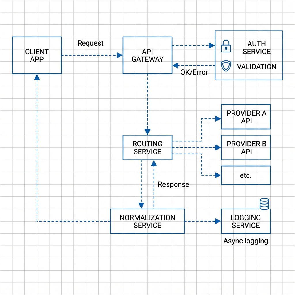 Diagrama de flujo técnico que detalle los pasos: Request -> Auth/Validation -> Routing Logic -> Provider API -> Response Normalization -> Logging -> Client App. Estilo blueprint o esquema de arquitectura de software.
