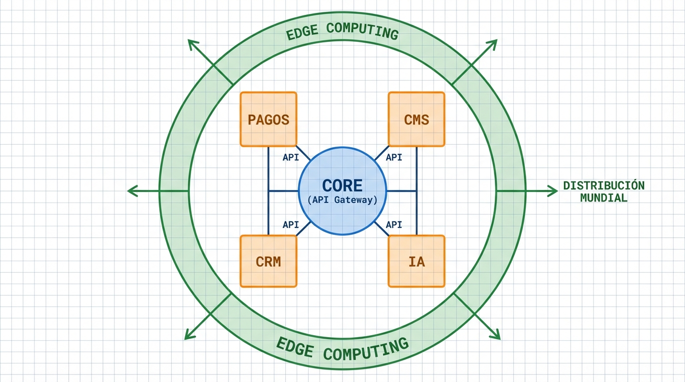 Diagrama técnico simplificado que muestre una arquitectura Composable: Un núcleo central conectado vía APIs a diferentes microservicios (Pagos, CMS, CRM, IA), con una capa exterior representando el Edge Computing distribuyendo el contenido mundialmente.