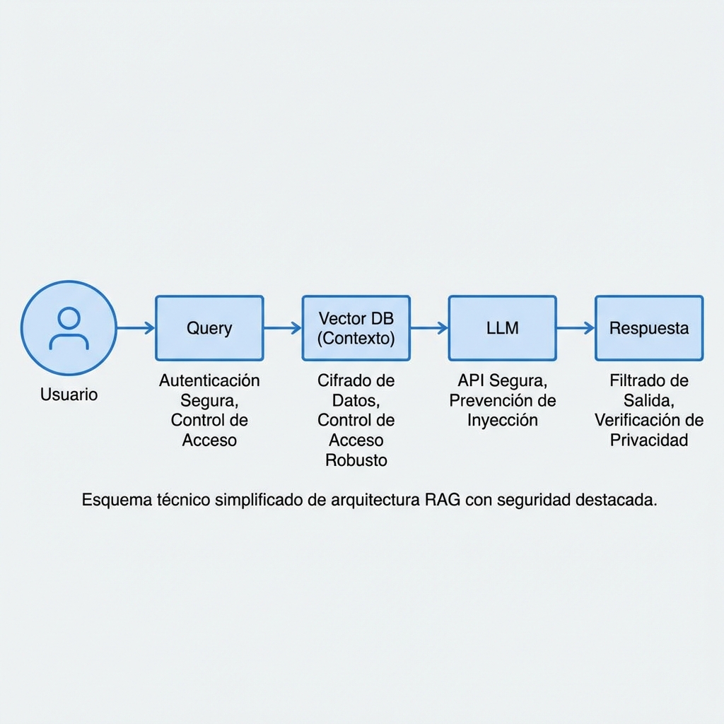 Esquema técnico simplificado de una arquitectura RAG: Usuario -> Query -> Vector DB (Contexto) -> LLM -> Respuesta, destacando la seguridad en cada paso.