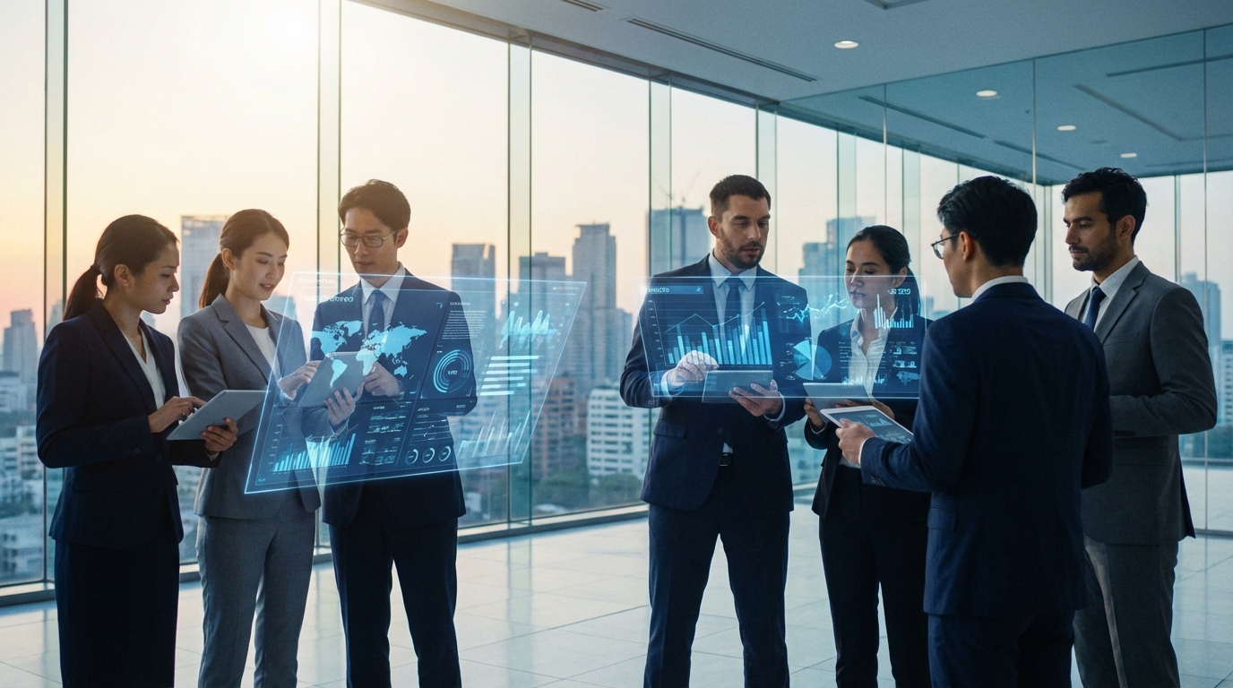 Foto de estilo corporativo moderno que muestre a un equipo de consultores analizando datos en pantallas holográficas o tablets, transmitiendo profesionalidad y tecnología.