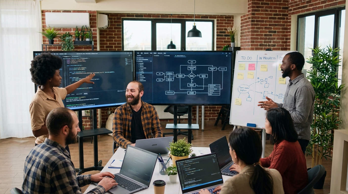 Fotografía de un equipo diverso de desarrolladores trabajando en colaboración frente a pantallas grandes con código y diagramas de flujo ágiles (Kanban/Scrum), transmitiendo profesionalidad y trabajo en equipo.