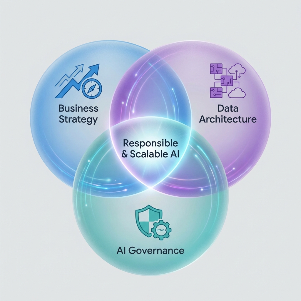 Gráfico abstracto y limpio que muestre la intersección entre estrategia de negocio, arquitectura de datos y gobernanza de IA, con un estilo corporativo y tecnológico.