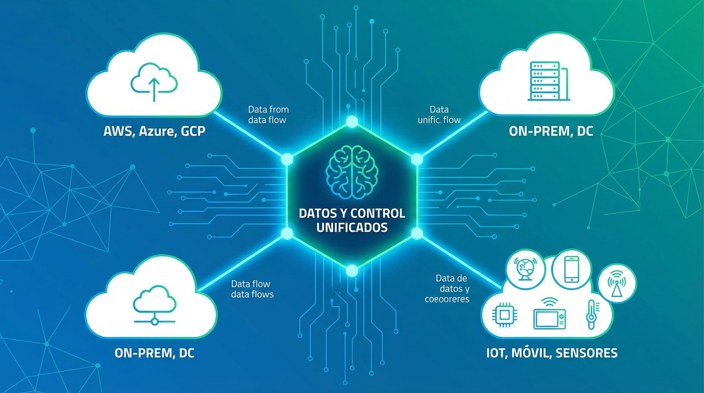 Gráfico conceptual que muestra un nodo central conectado a múltiples nubes públicas, privadas y dispositivos edge, representando la unificación de datos y control. Estilo corporativo y tecnológico.