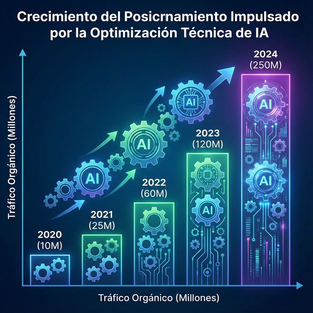 Gráfico de barras ascendente que combine métricas de SEO (tráfico orgánico) con iconos de engranajes de IA, sugiriendo que la optimización técnica impulsa el crecimiento del posicionamiento.