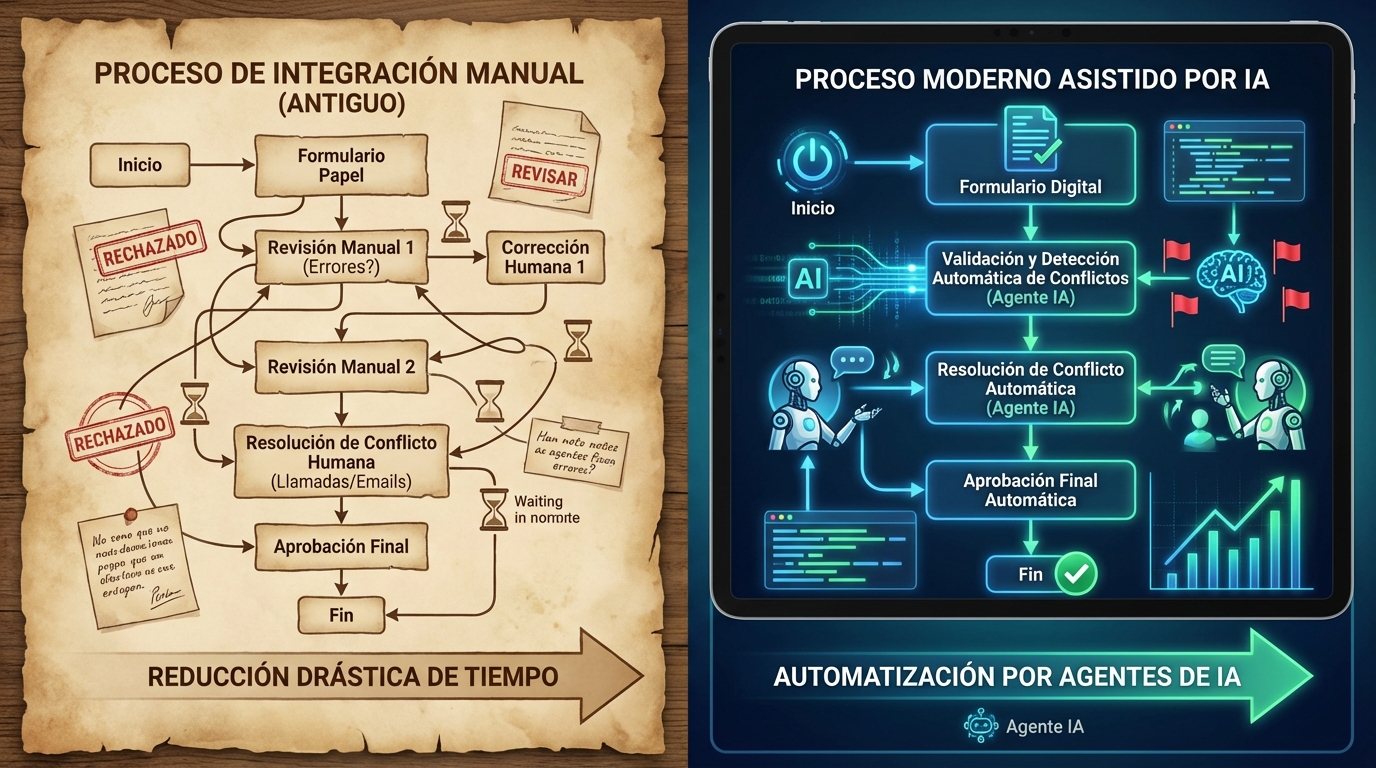 Gráfico de flujo que compara un proceso de integración manual antiguo frente a un proceso moderno asistido por IA, destacando la reducción de pasos y la intervención automática de 'agentes de IA' en la resolución de conflictos.
