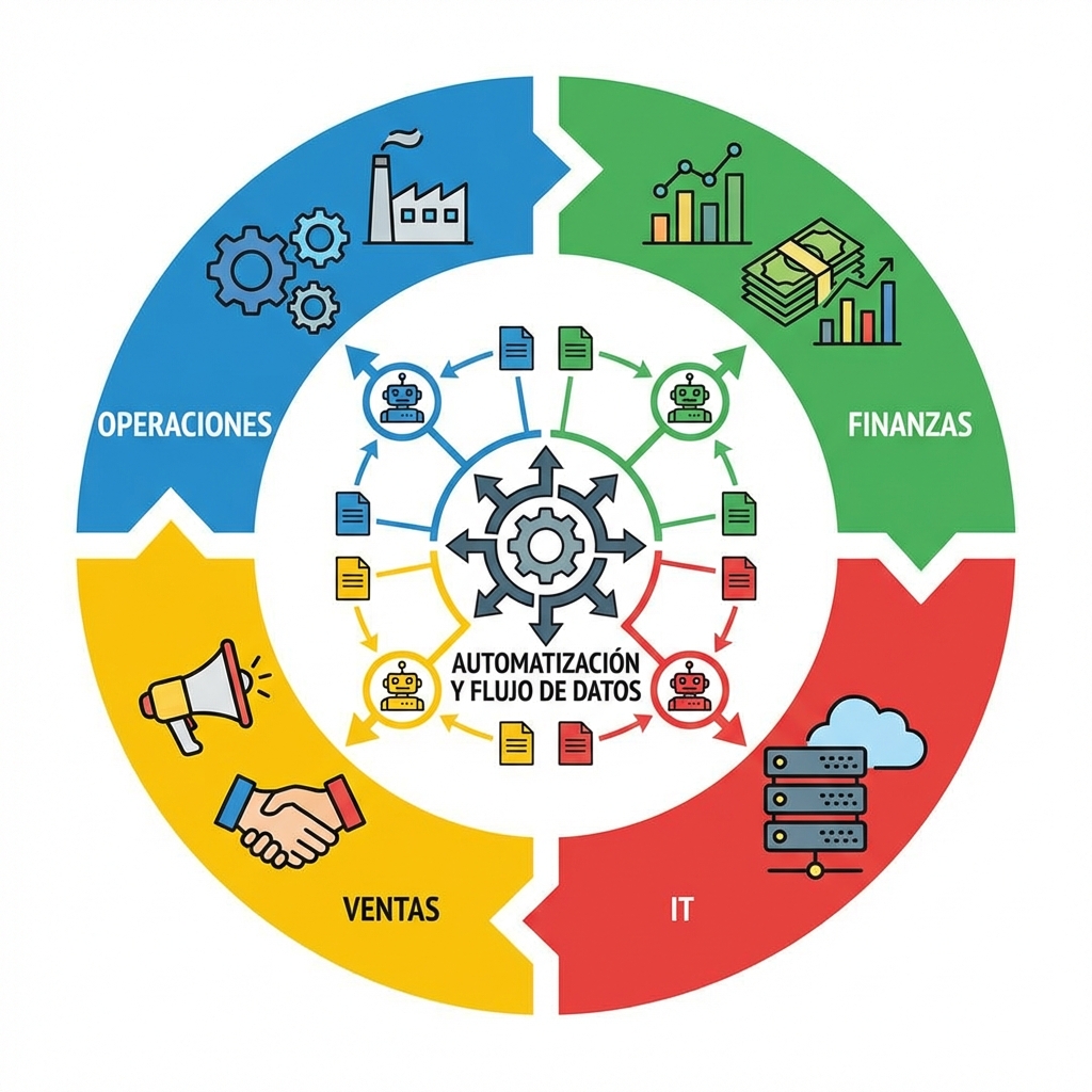 Gráfico de sectores o infografía que conecte cuatro pilares: Operaciones, Finanzas, IT y Ventas, con iconos representativos de automatización y flujo de datos entre ellos.