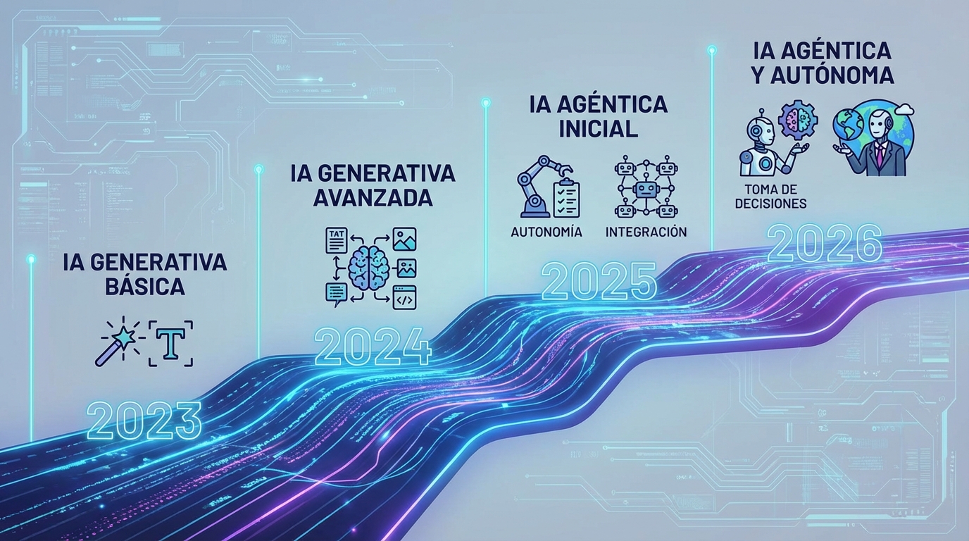 Gráfico futurista y limpio que muestre una línea de tiempo evolutiva desde la IA generativa básica (2023) hasta la IA agéntica y autónoma (2026), con iconos que representen autonomía, integración y toma de decisiones.