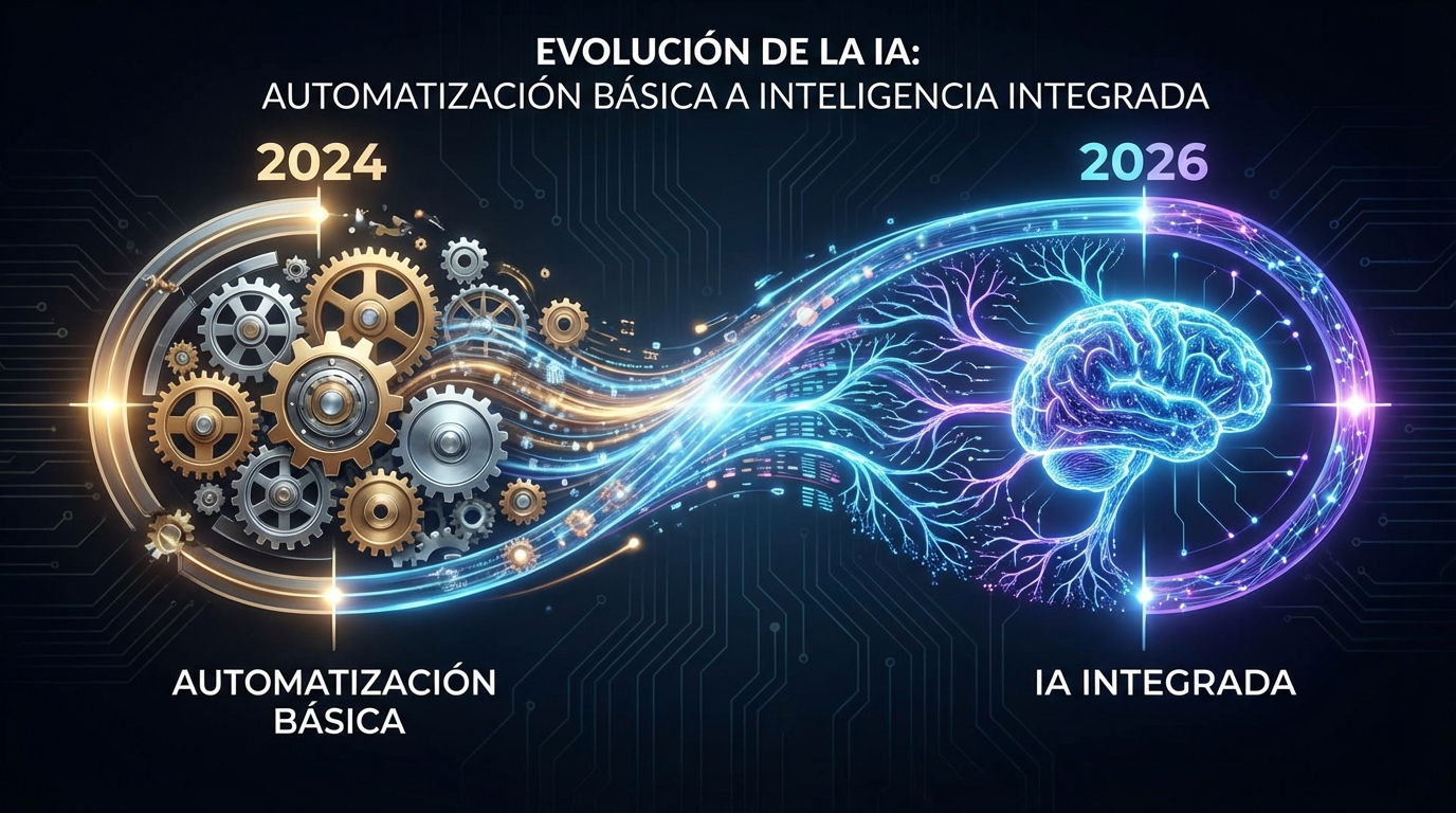 Gráfico futurista y minimalista que muestra la evolución de una línea de tiempo desde 2024 hasta 2026, donde engranajes mecánicos se transforman en redes neuronales digitales brillantes, simbolizando el paso de la automatización básica a la inteligencia artificial integrada.