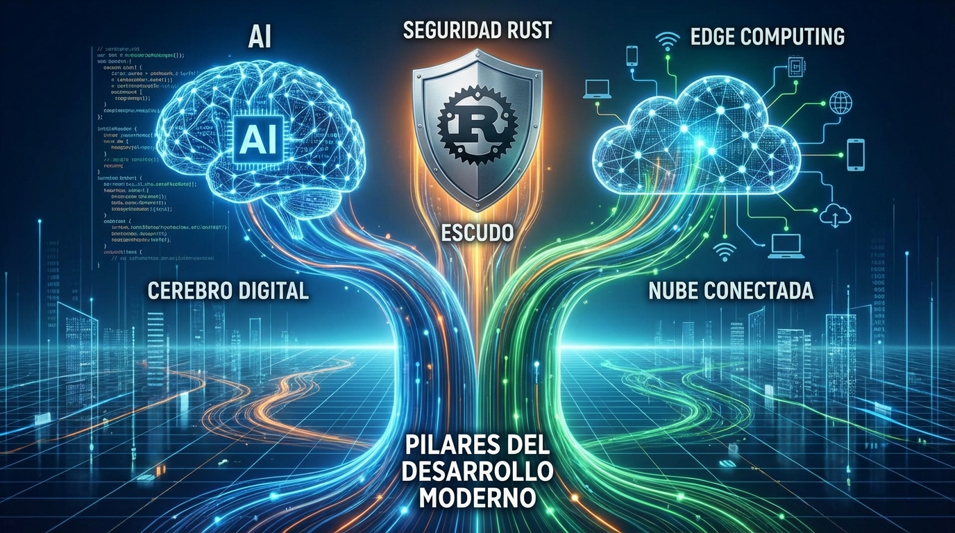 Gráfico visual que muestra la convergencia de tres tecnologías: un cerebro digital (IA), un escudo (Seguridad Rust) y una nube conectada (Edge Computing), simbolizando los pilares del desarrollo moderno.