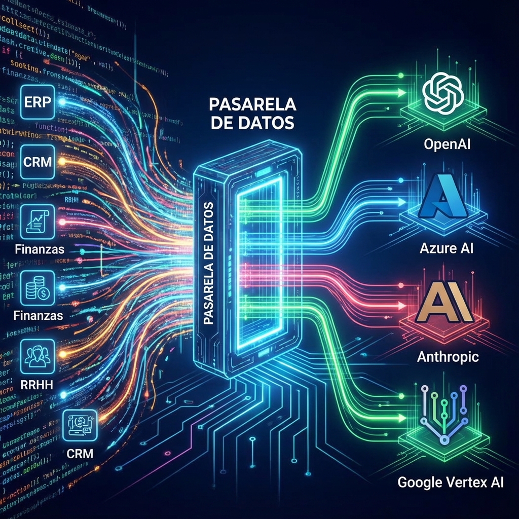 Ilustración abstracta y tecnológica que muestre un nodo central (la pasarela) recibiendo múltiples flujos de datos desde la izquierda (aplicaciones empresariales) y distribuyéndolos organizadamente hacia la derecha a diferentes logotipos de modelos de IA (OpenAI, Azure, Anthropic, Google Vertex), simbolizando orden y control.
