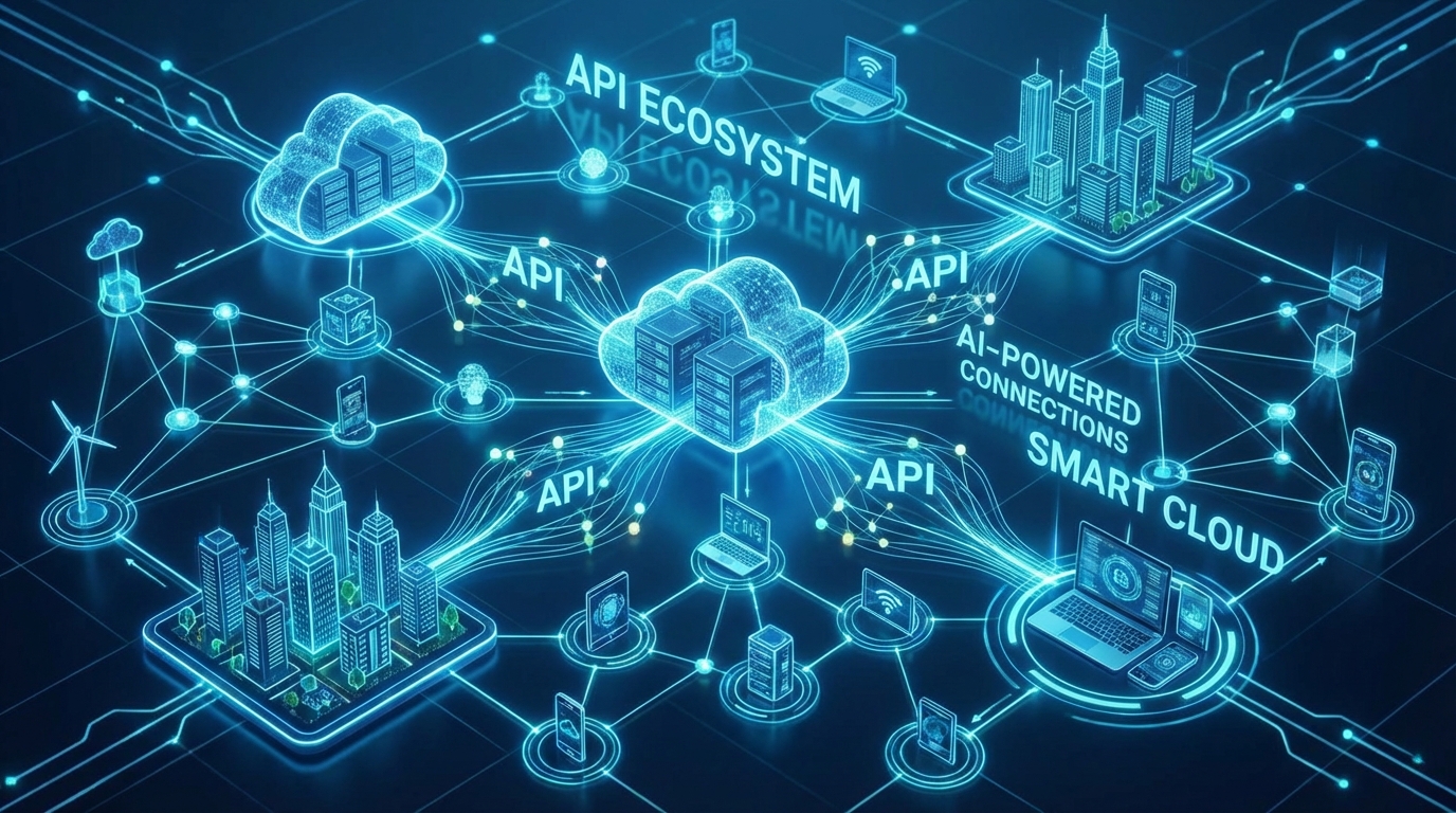 Ilustración conceptual futurista que muestre un ecosistema digital interconectado, donde nodos brillantes representan APIs comunicándose entre nubes y dispositivos mediante inteligencia artificial, con un estilo corporativo y tecnológico en tonos azules y cian.