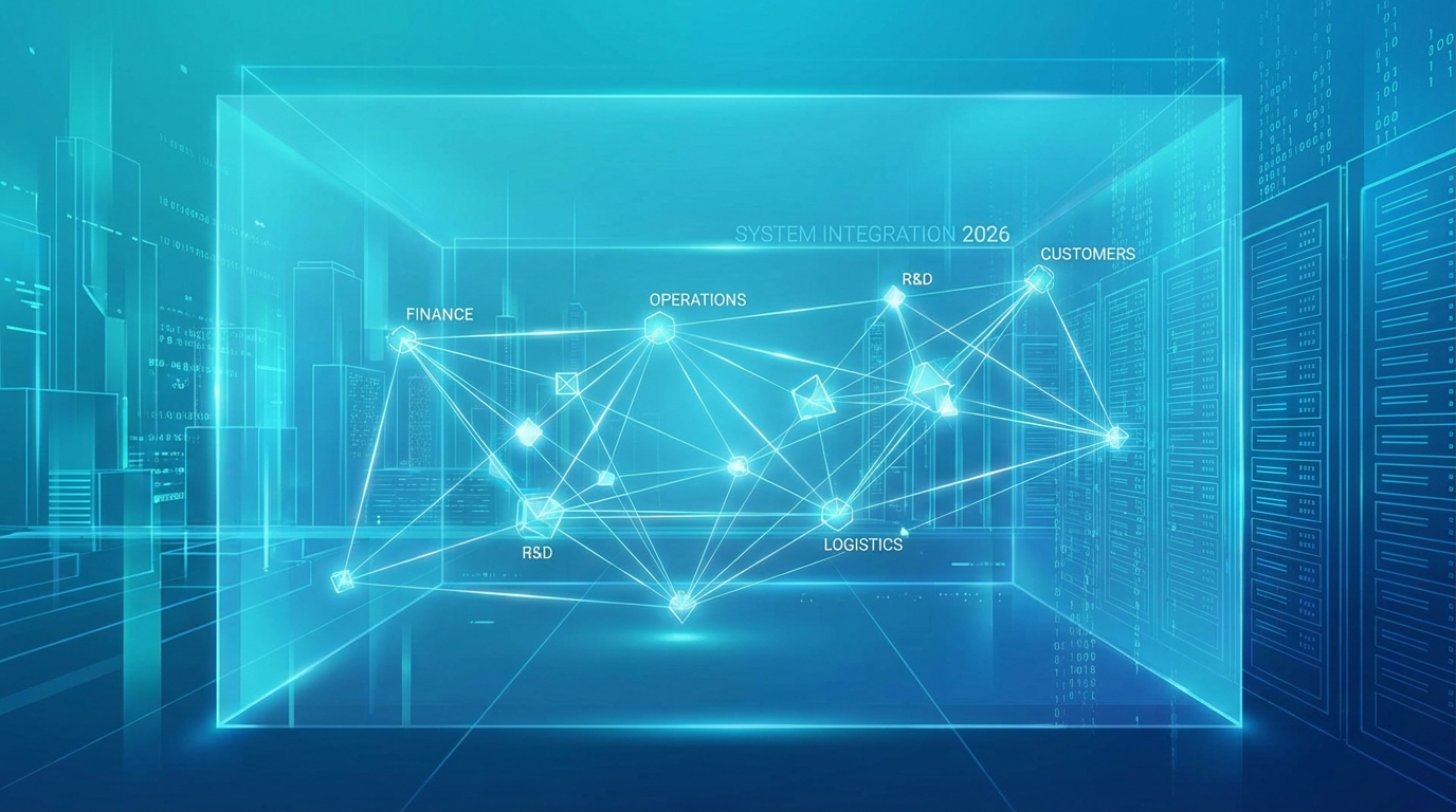 Ilustración futurista y minimalista de una interfaz de software holográfica conectando diversos nodos de datos empresariales, con un fondo tecnológico en tonos azules y cian, representando la integración de sistemas en 2026.