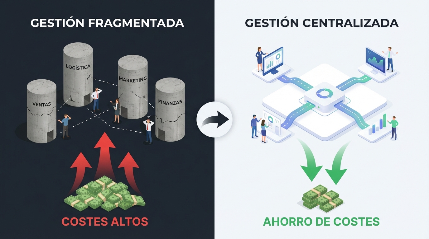 Infografía comparativa. A la izquierda, "Gestión Fragmentada" con silos y costes altos. A la derecha, "Gestión Centralizada" con flujos optimizados y ahorro de costes.