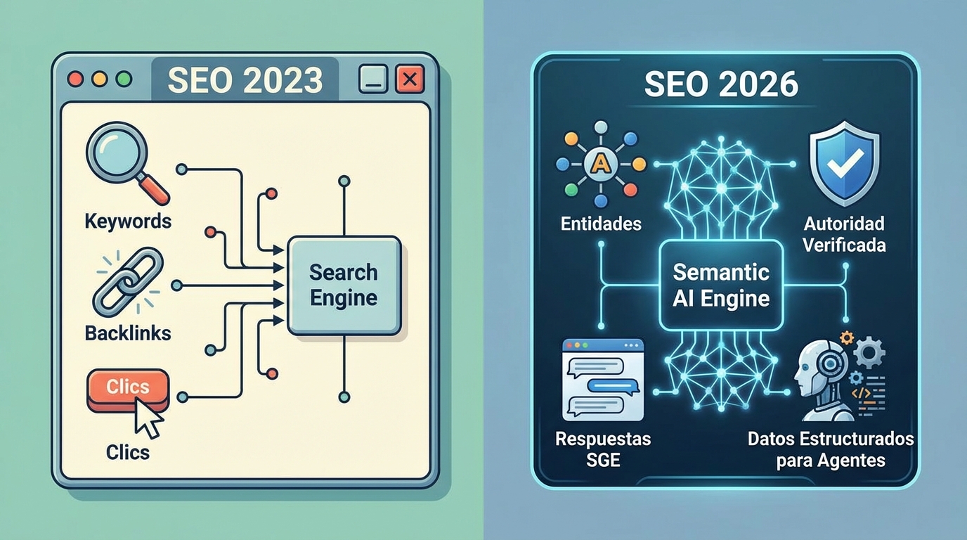 Infografía comparativa. A la izquierda "SEO 2023" (Keywords, Backlinks, Clics). A la derecha "SEO 2026" (Entidades, Autoridad Verificada, Respuestas SGE, Datos Estructurados para Agentes).