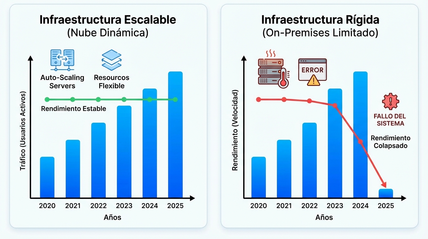 Infografía de barras comparativa que muestra el crecimiento del tráfico de usuarios y cómo una infraestructura escalable mantiene el rendimiento estable, versus una infraestructura rígida que colapsa.