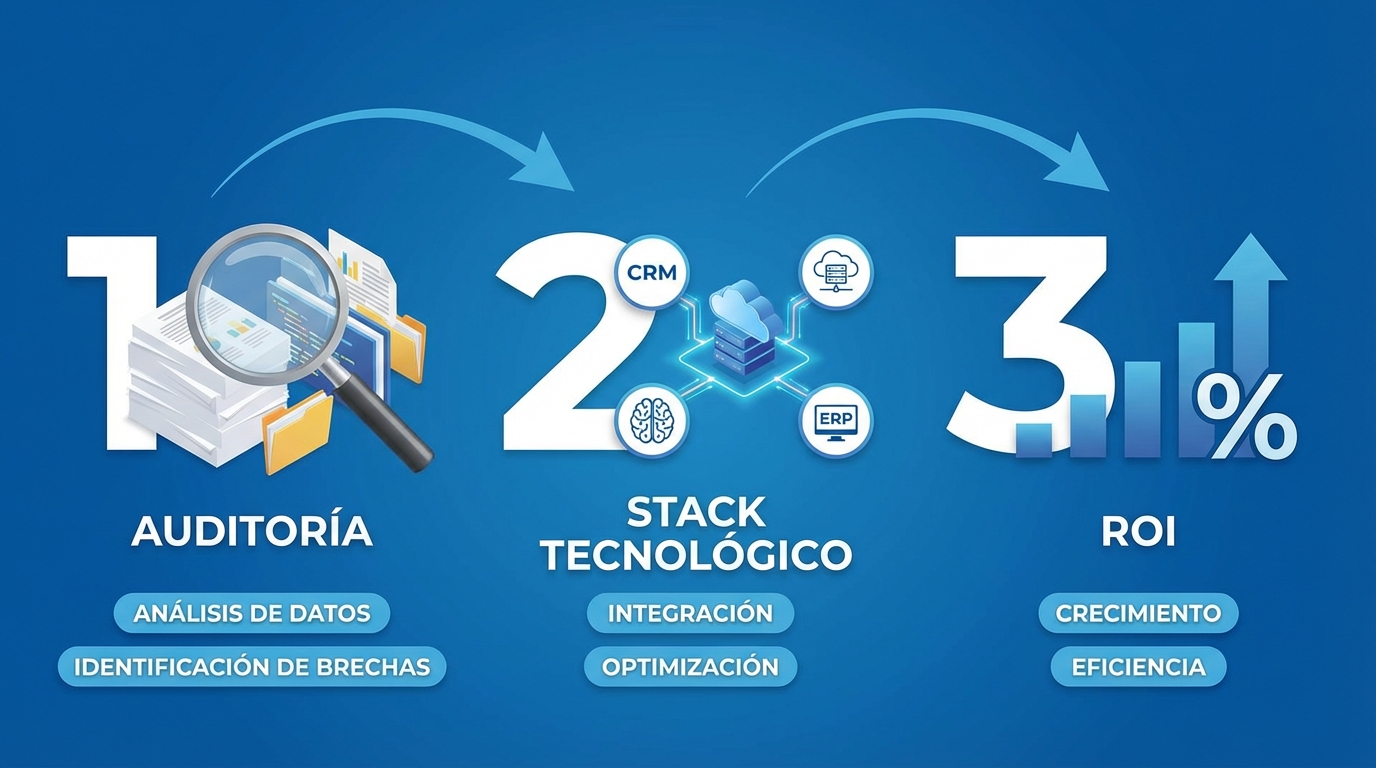 Infografía paso a paso (1, 2, 3) que ilustra el proceso de implementación: Lupa sobre documentos (Auditoría), Iconos de herramientas conectándose (Stack tecnológico), y un gráfico de barras ascendente con un símbolo de porcentaje (ROI).