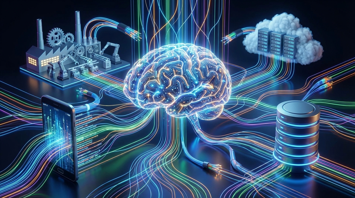 Representación abstracta de un "cerebro digital" conectado a diversos nodos (fábrica, smartphone, nube, base de datos). Los nodos están interconectados por líneas de luz que sugieren flujo de datos constante y toma de decisiones.