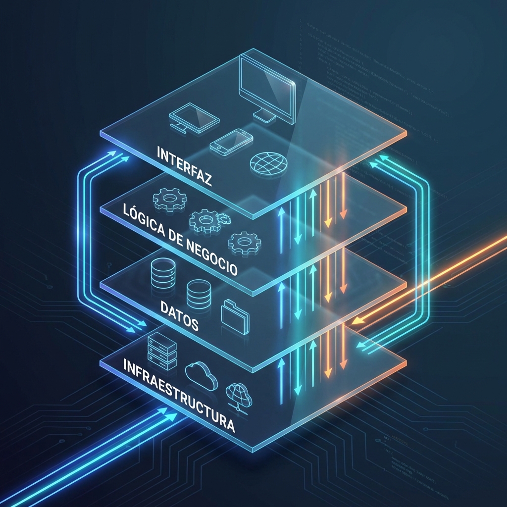 Un diagrama isométrico limpio y moderno que muestre las capas de una arquitectura de software empresarial: infraestructura, datos, lógica de negocio e interfaz, conectadas por flujos de datos brillantes sobre un fondo oscuro corporativo.