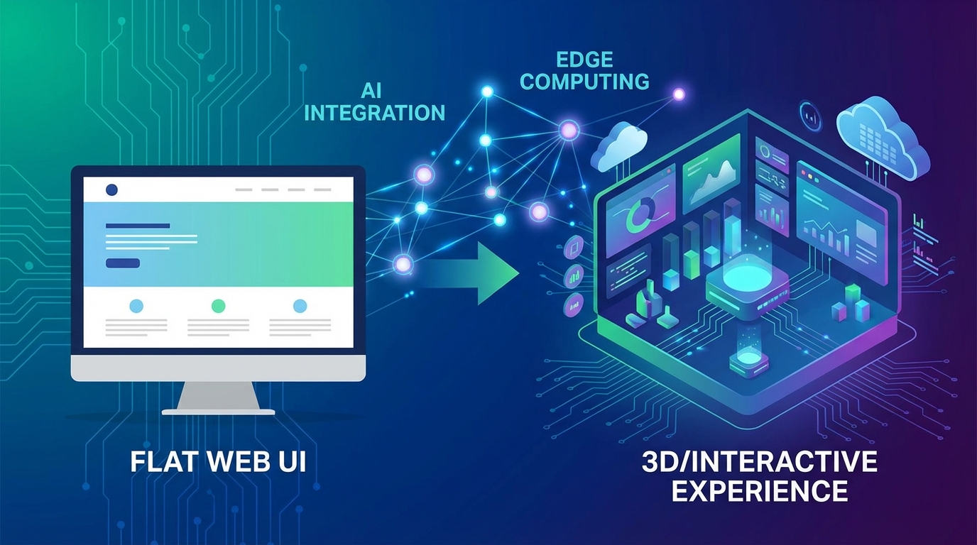 Un gráfico conceptual moderno que muestre la evolución de una interfaz web plana a una experiencia tridimensional e interactiva, con nodos de datos conectándose en el fondo, representando la integración de IA y Edge Computing. Estilo corporativo y tecnológico.